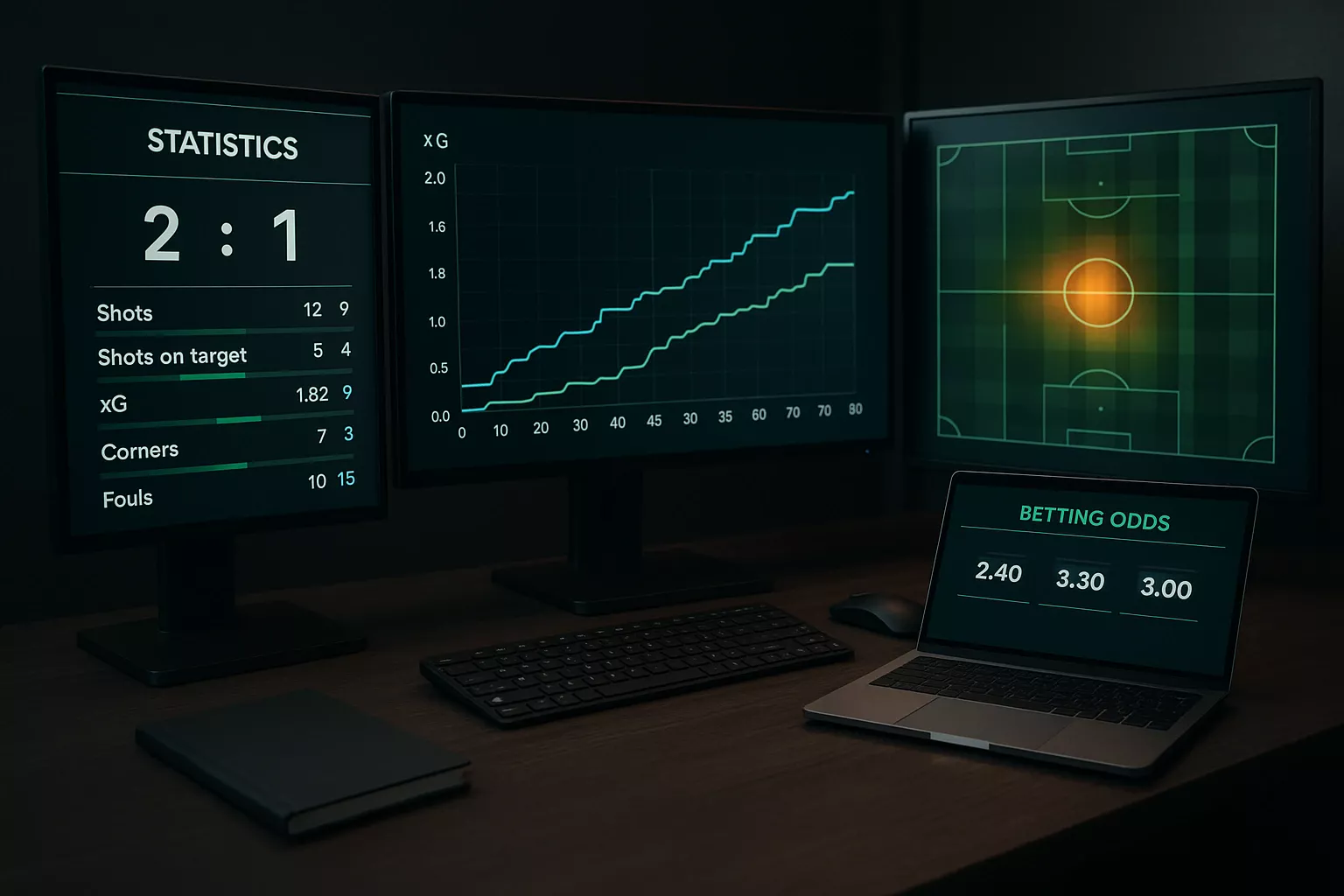 Espace de travail d'analyste sportif avec &eacute;crans affichant des statistiques de football