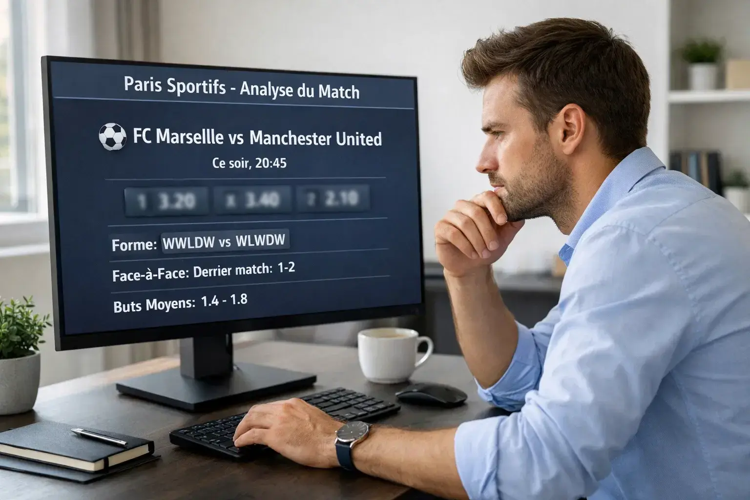 Parieur analysant les cotes sportives sur un écran d'ordinateur