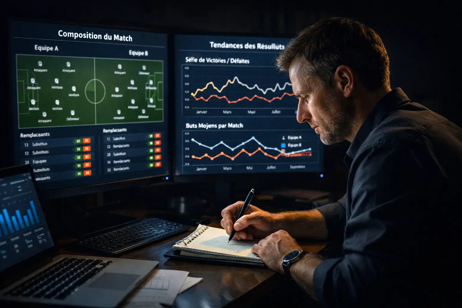 Parieur professionnel analysant des statistiques sportives sur plusieurs &eacute;crans