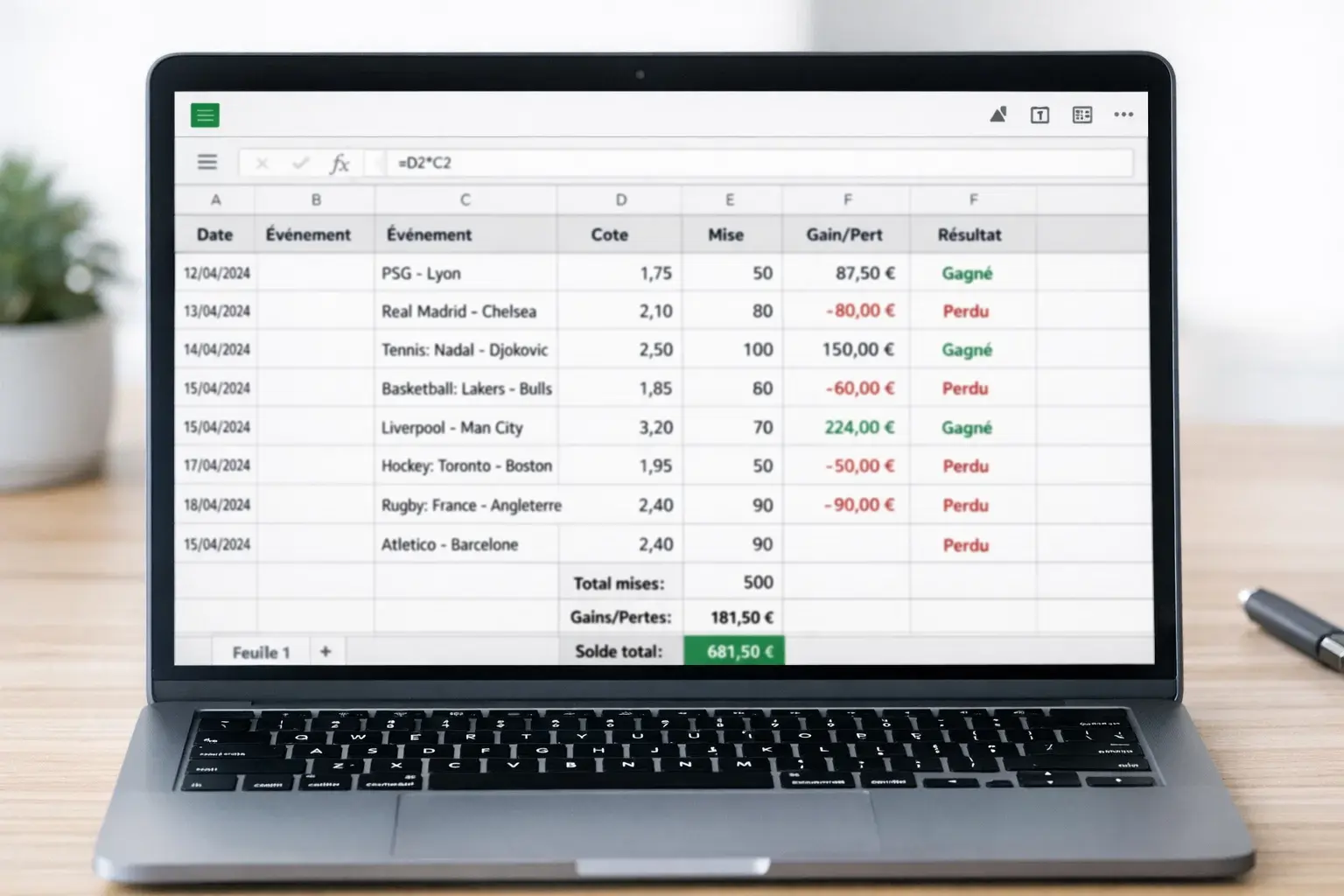 Tableur de suivi de paris sportifs avec colonnes de données