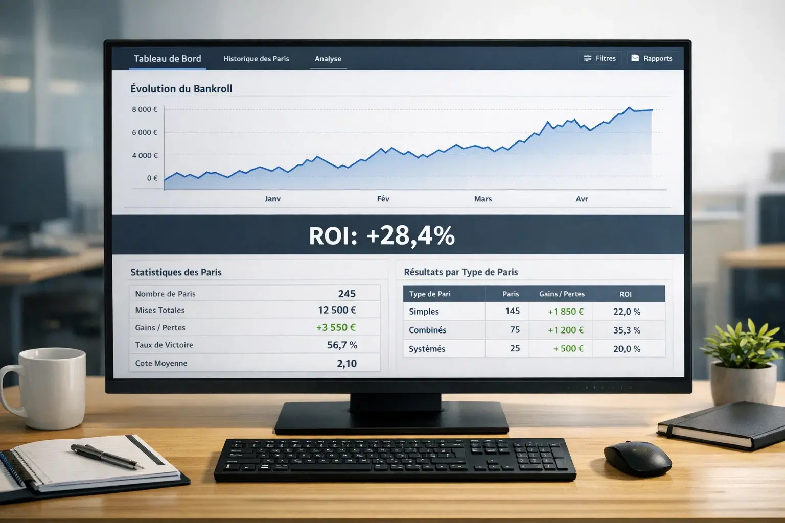 Exemple de tableau de bord pour suivre le ROI et la performance des paris