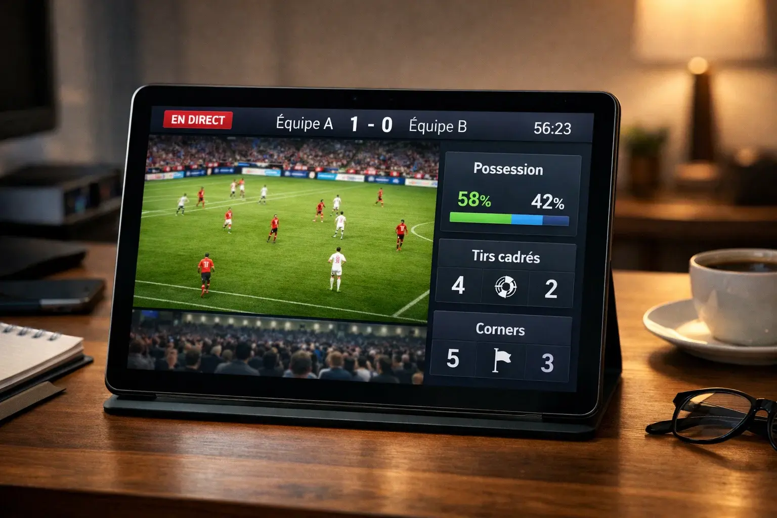 &Eacute;cran montrant un match en streaming avec statistiques en temps r&eacute;el