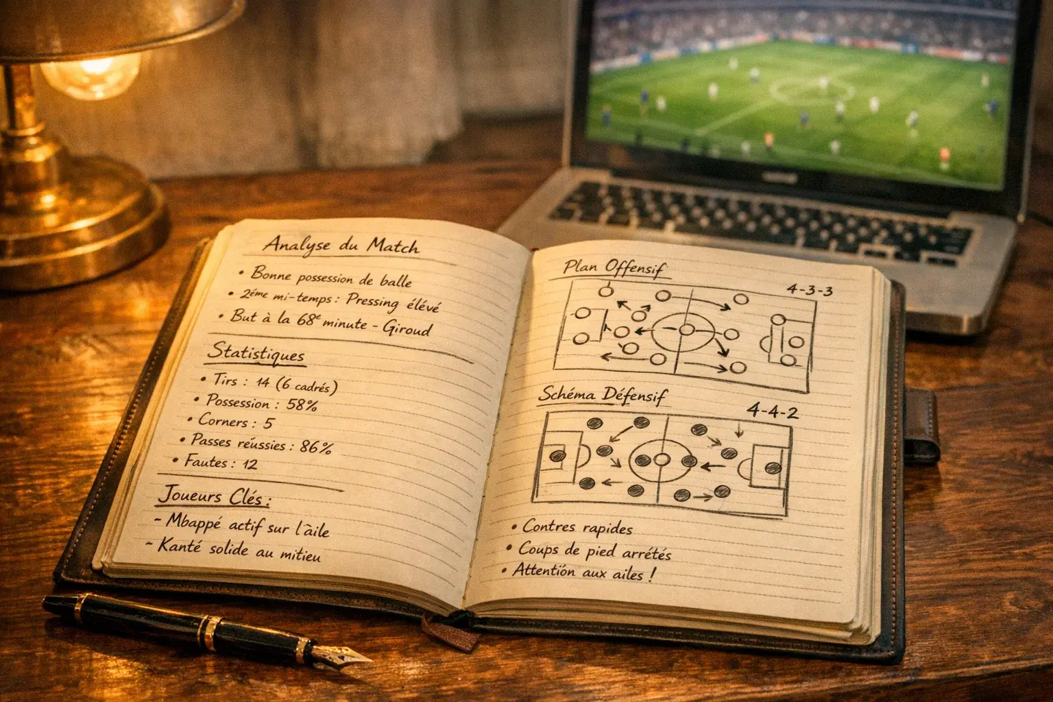 Carnet de notes ouvert avec analyses de matchs de football et statistiques manuscrites
