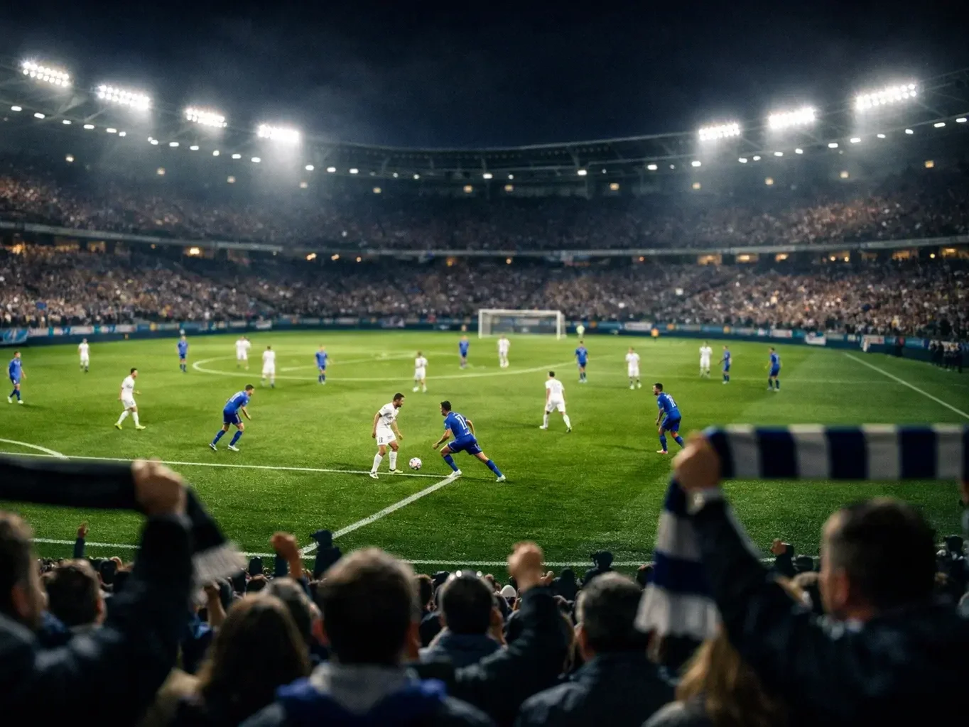 Match de football en soirée dans un grand stade européen avec une ambiance électrique