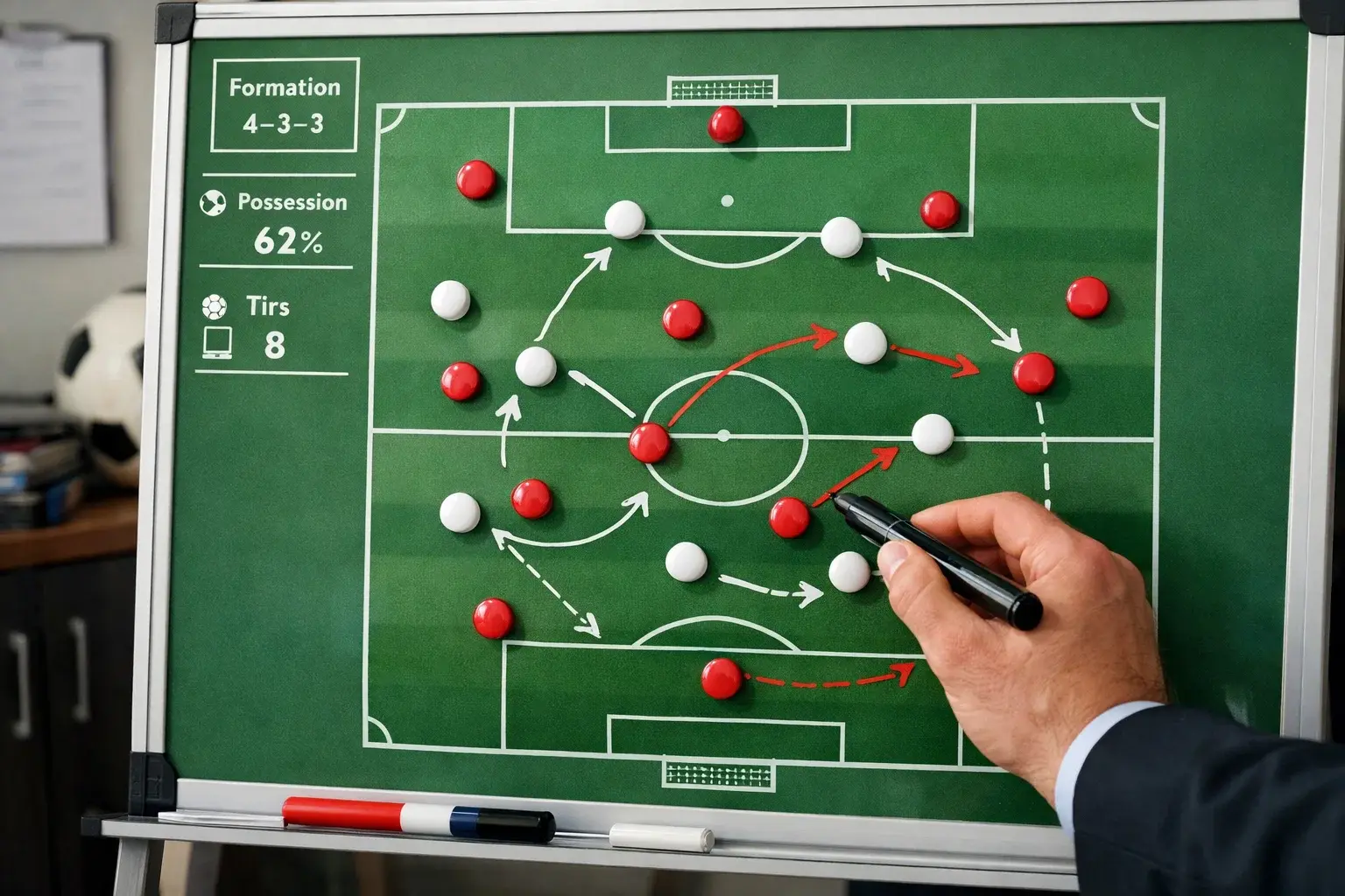 Tableau d'analyse tactique de football avec sch&eacute;mas de positionnement et statistiques
