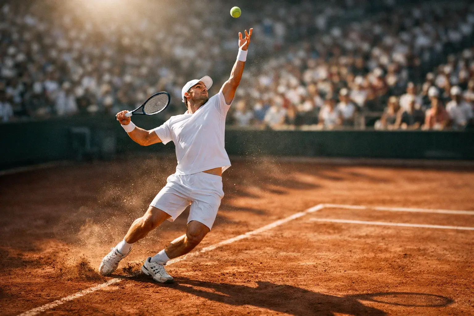 Joueur de tennis professionnel en position de service sur un court en terre battue