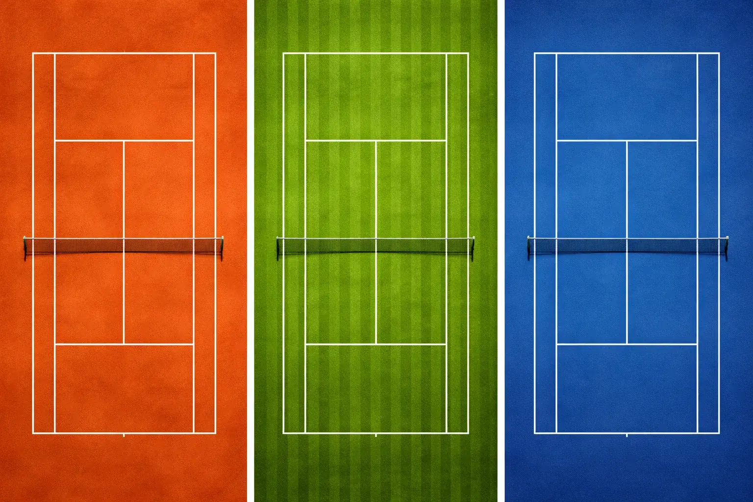 Vue comparative de trois types de courts de tennis montrant terre battue, gazon et surface dure