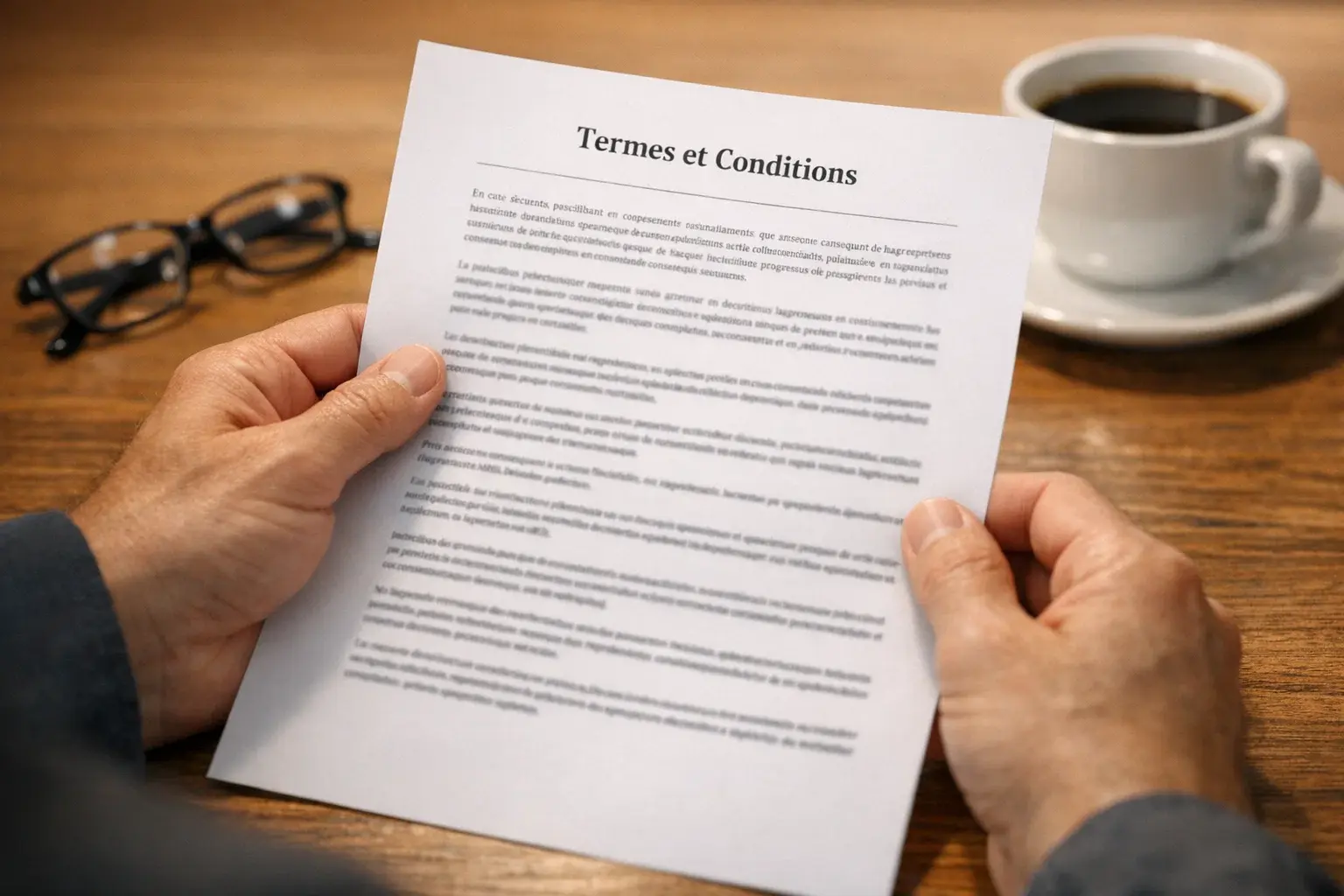 Personne lisant attentivement les conditions g&eacute;n&eacute;rales d'une offre promotionnelle sur un document