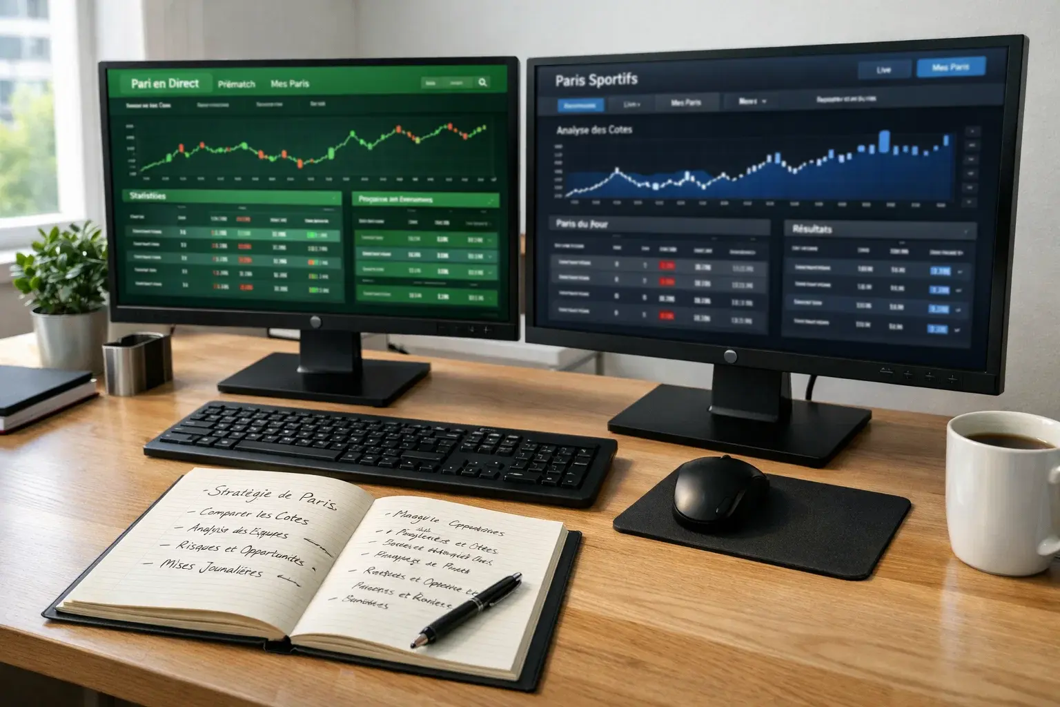 Bureau avec plusieurs &eacute;crans affichant diff&eacute;rentes interfaces de paris sportifs pour comparaison