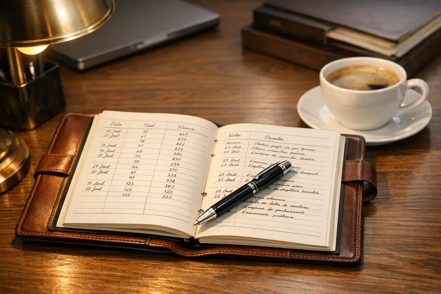 Journal de paris ouvert avec notes de suivi et stylo sur un bureau organisé