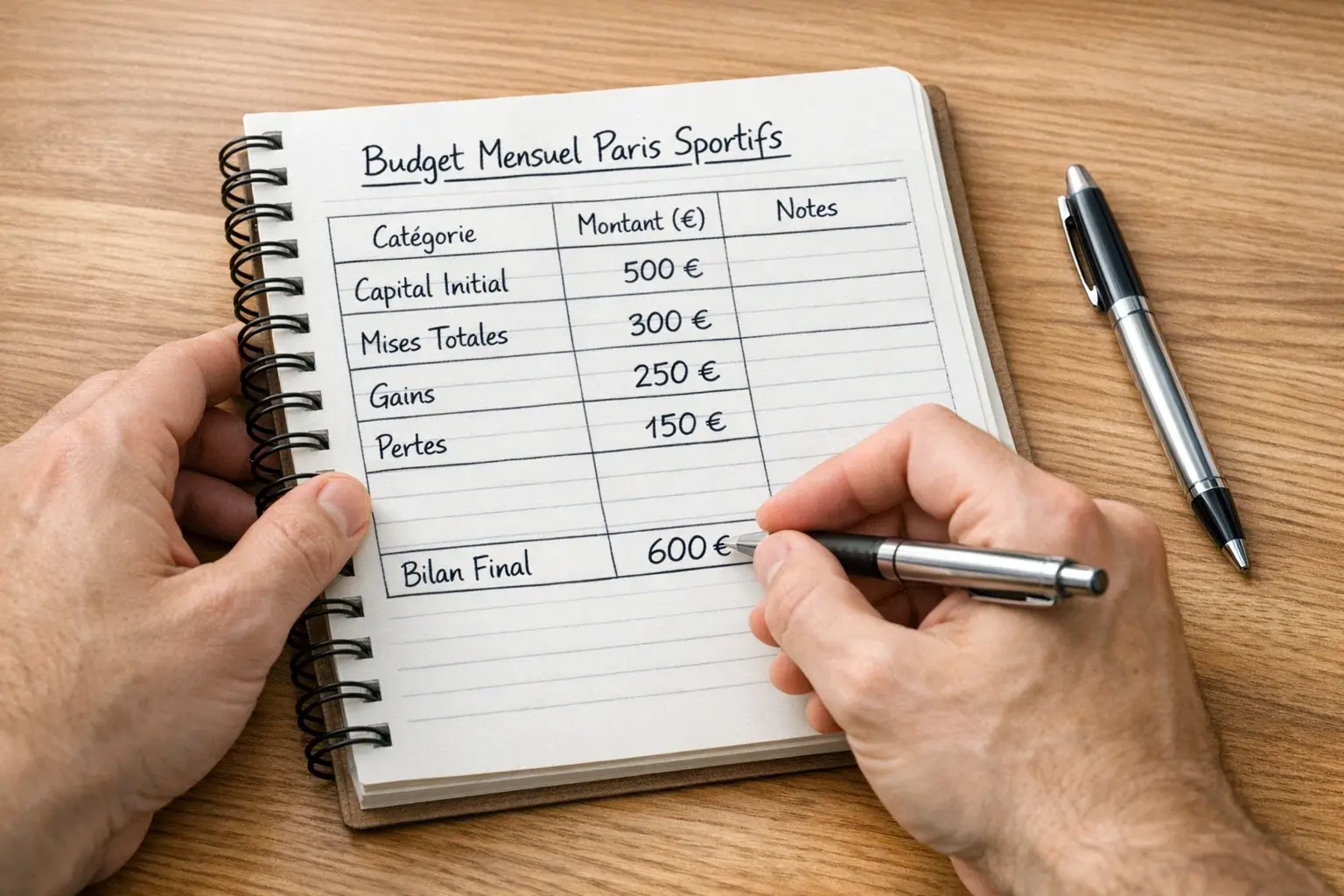 Personne planifiant son budget de paris sportifs avec un carnet et un stylo