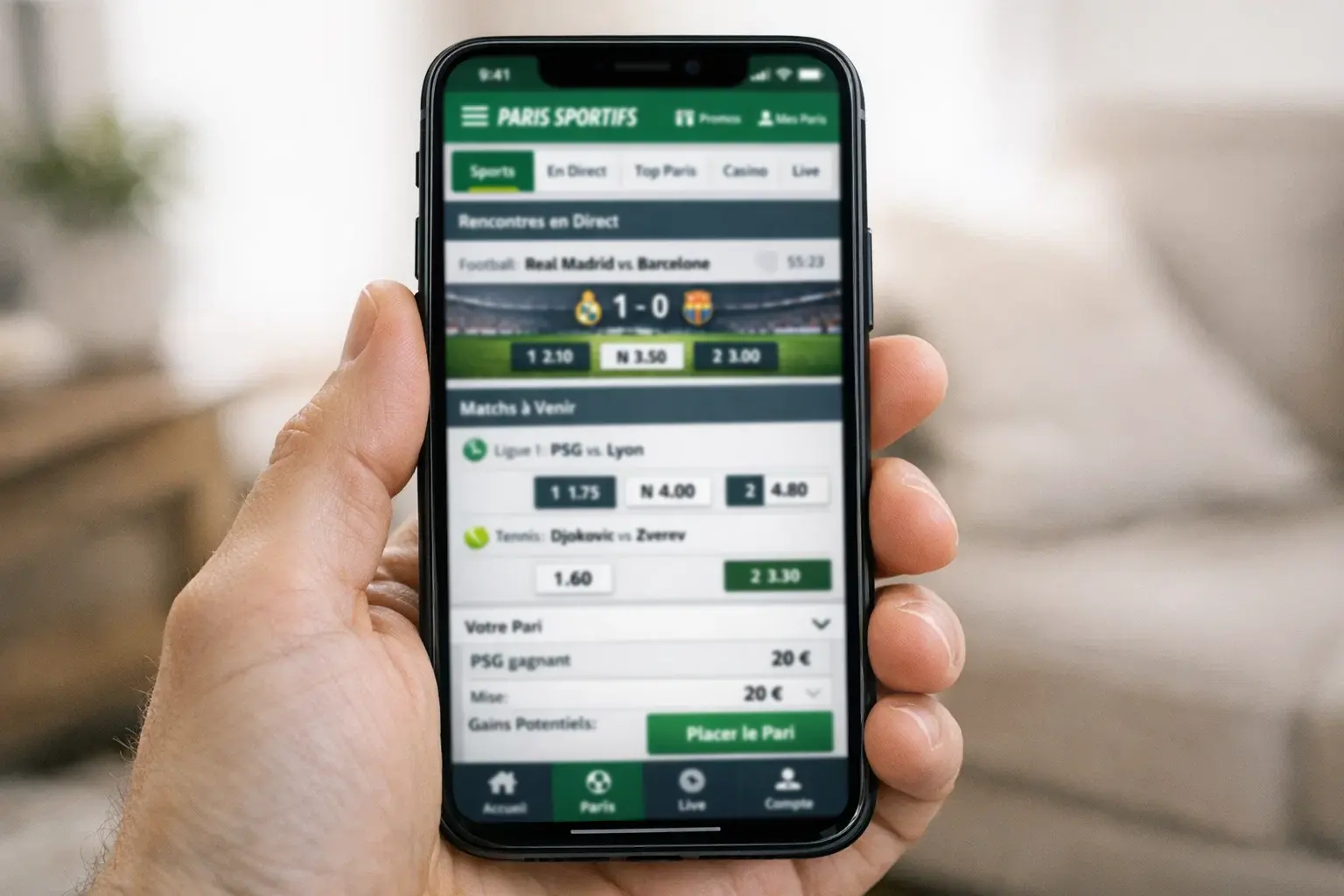 Interface d'application mobile de bookmaker moderne et ergonomique