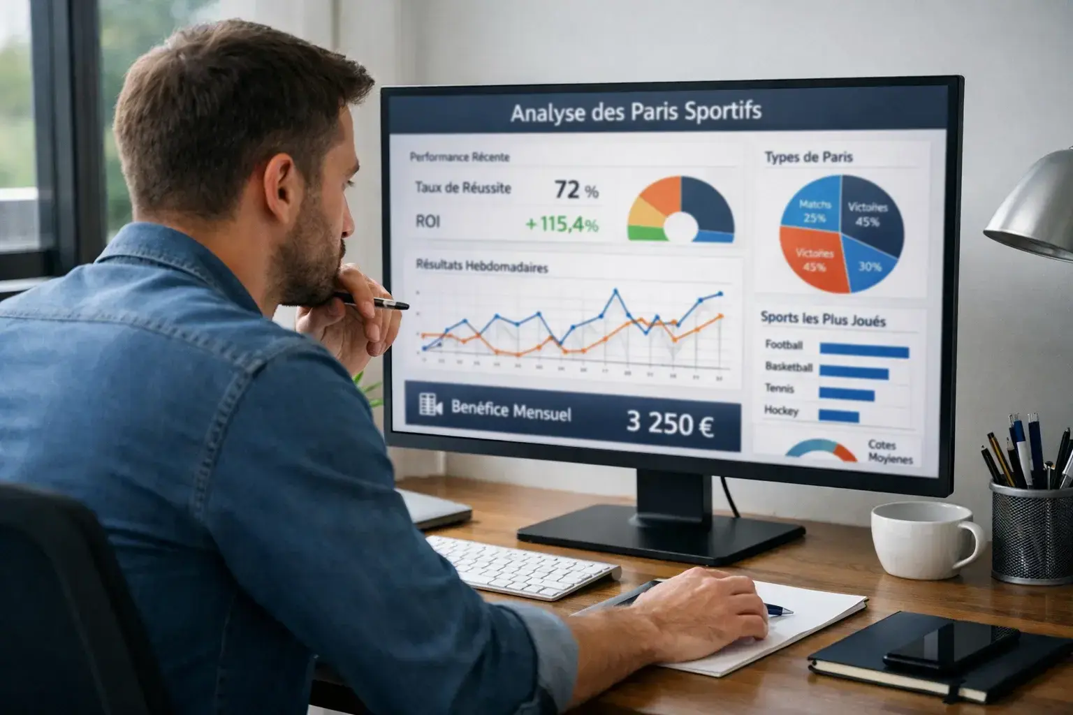 Parieur analysant des statistiques sportives sur écran