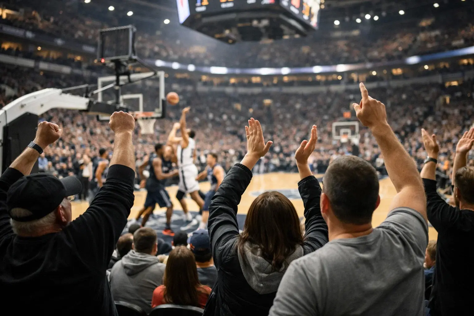 Int&eacute;rieur d'une salle de basketball avec public passionn&eacute; pendant un match