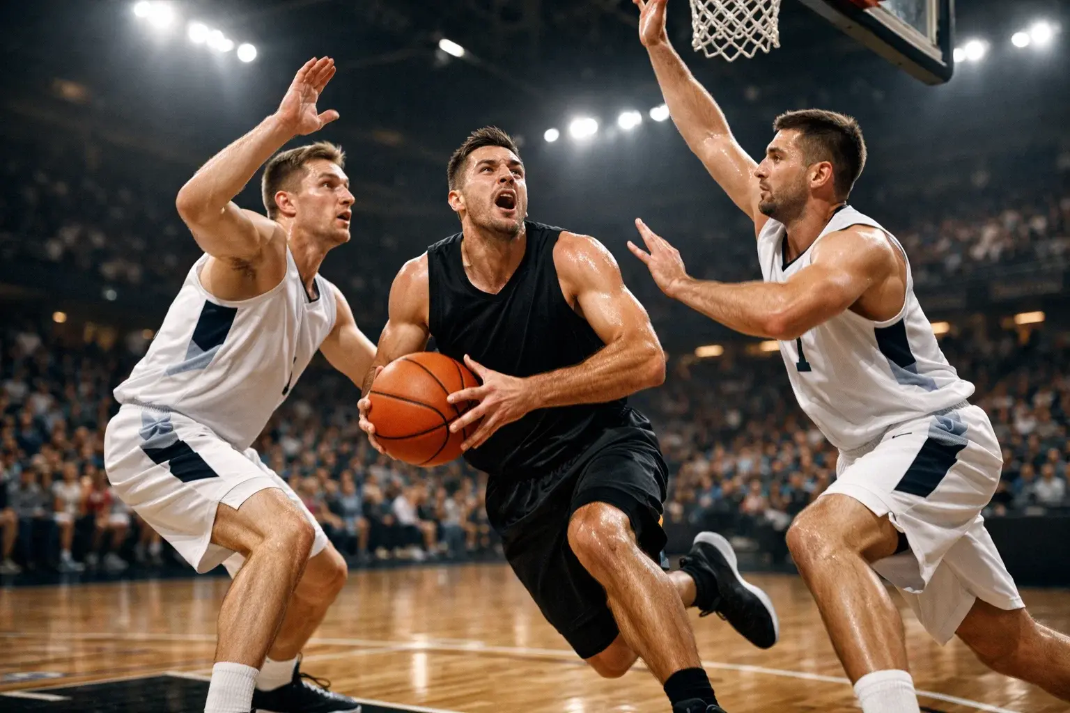 Match de basketball NBA avec joueurs en action sous le panier