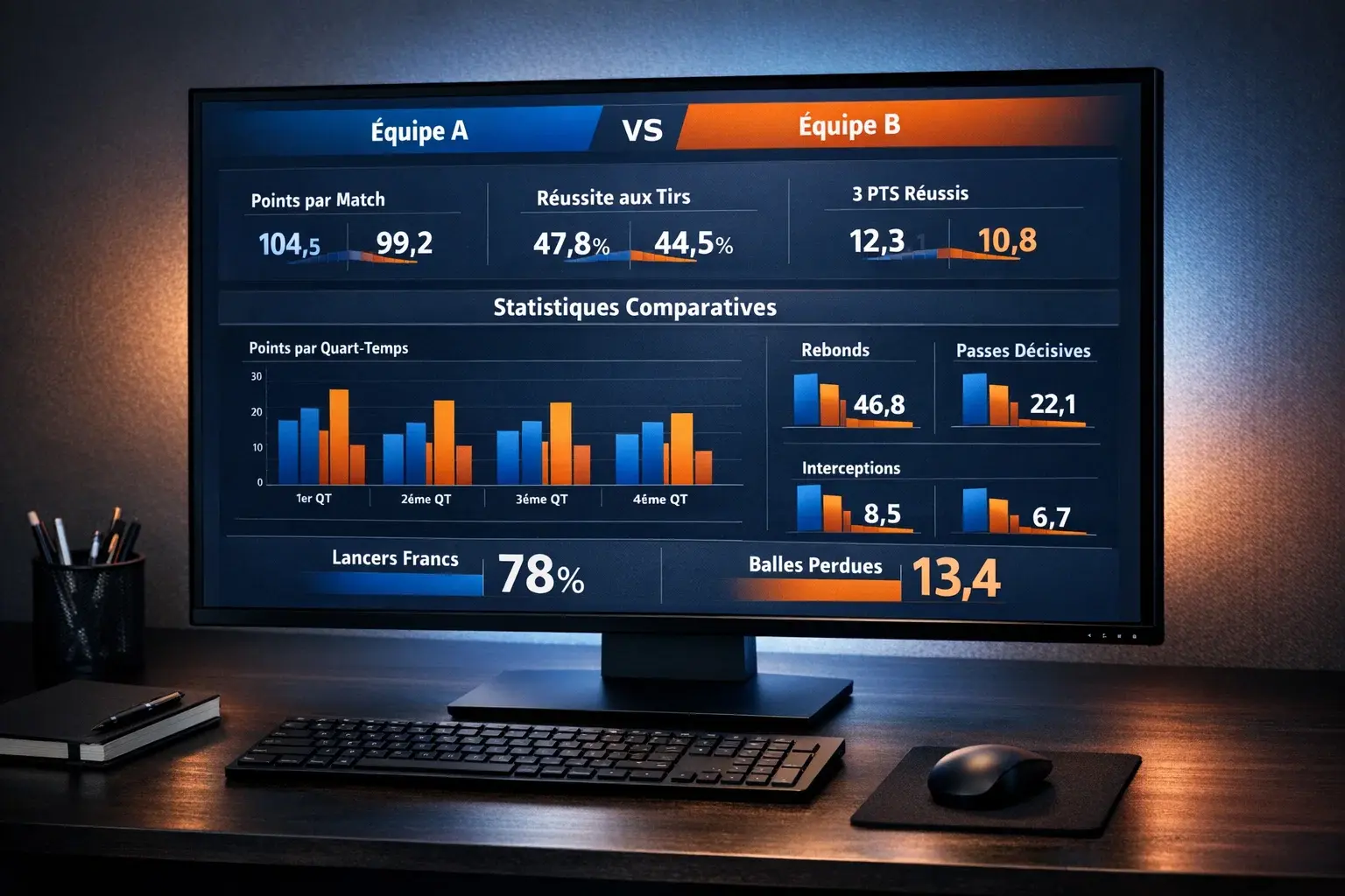 &Eacute;cran d'analyse avec statistiques de basketball et graphiques de performance