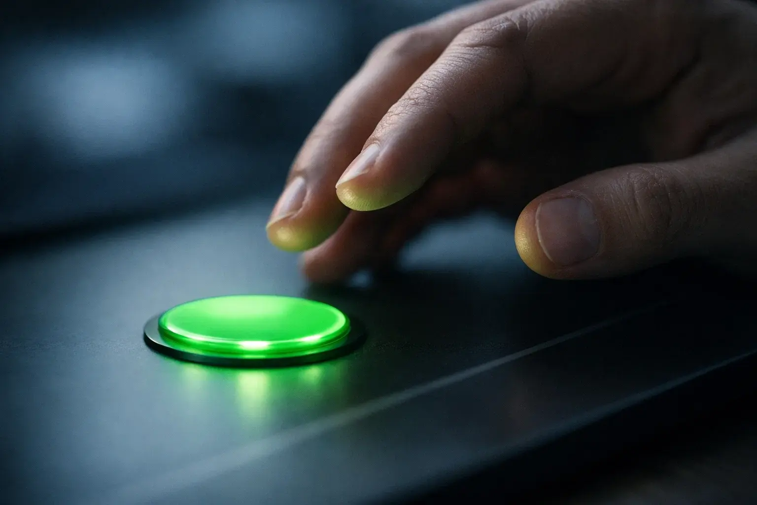 Main hésitant au-dessus d'un bouton symbolisant la décision de cash out