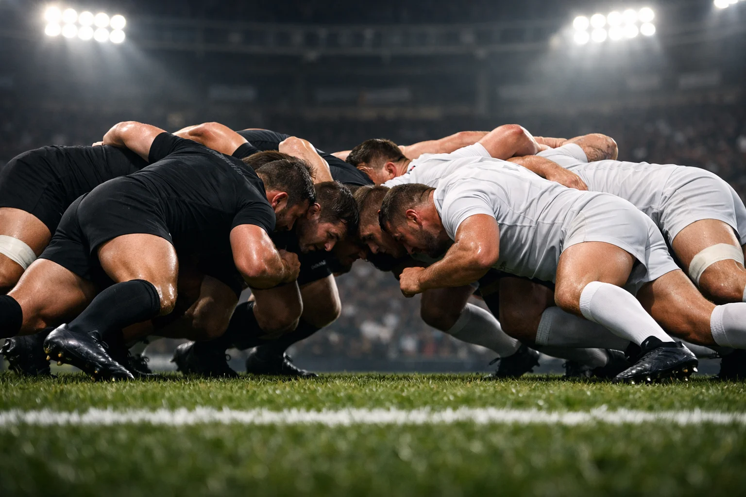 Mêlée de rugby lors d'un match du Top 14 avec joueurs en opposition