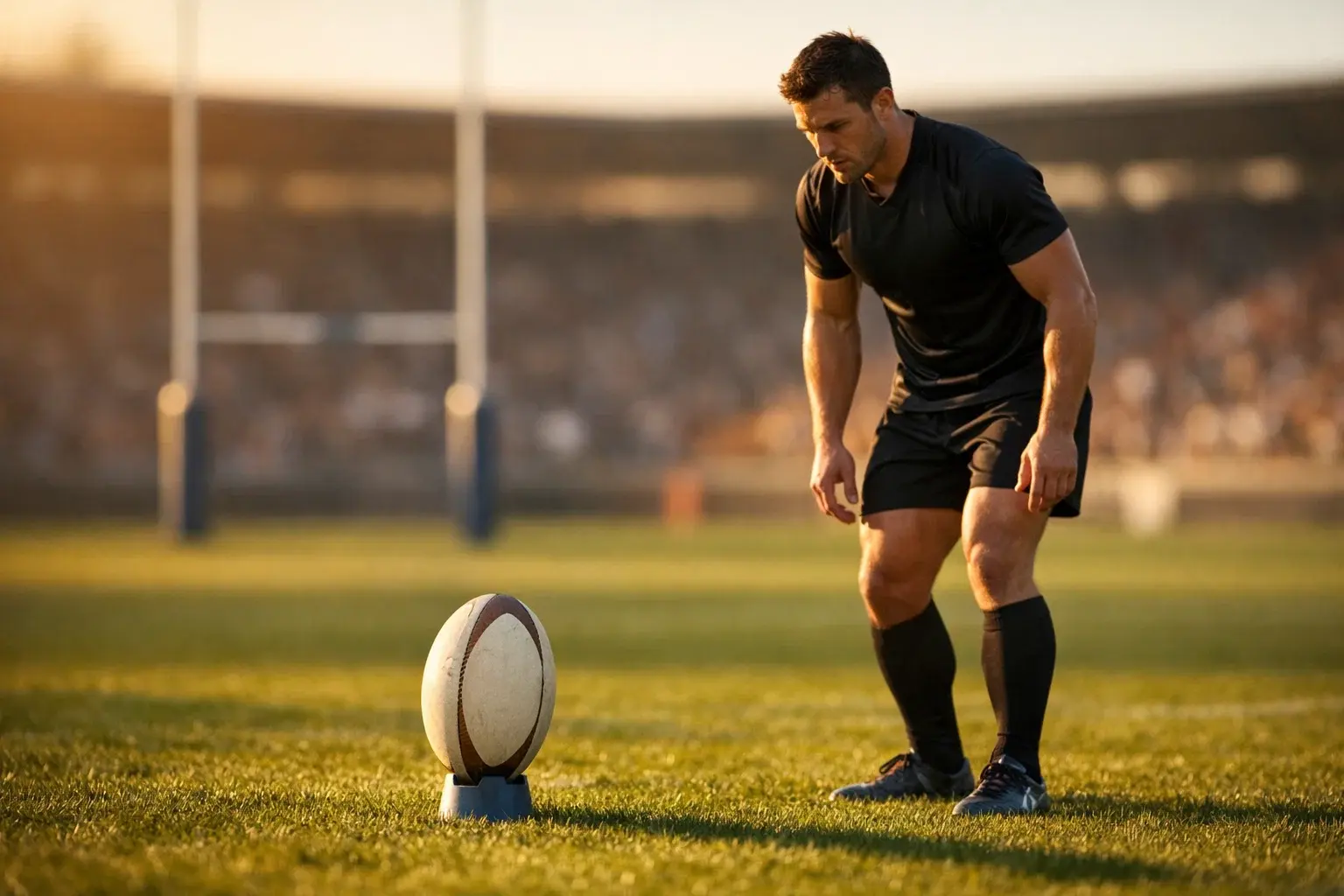 Joueur de rugby effectuant un coup de pied de p&eacute;nalit&eacute; ou transformation