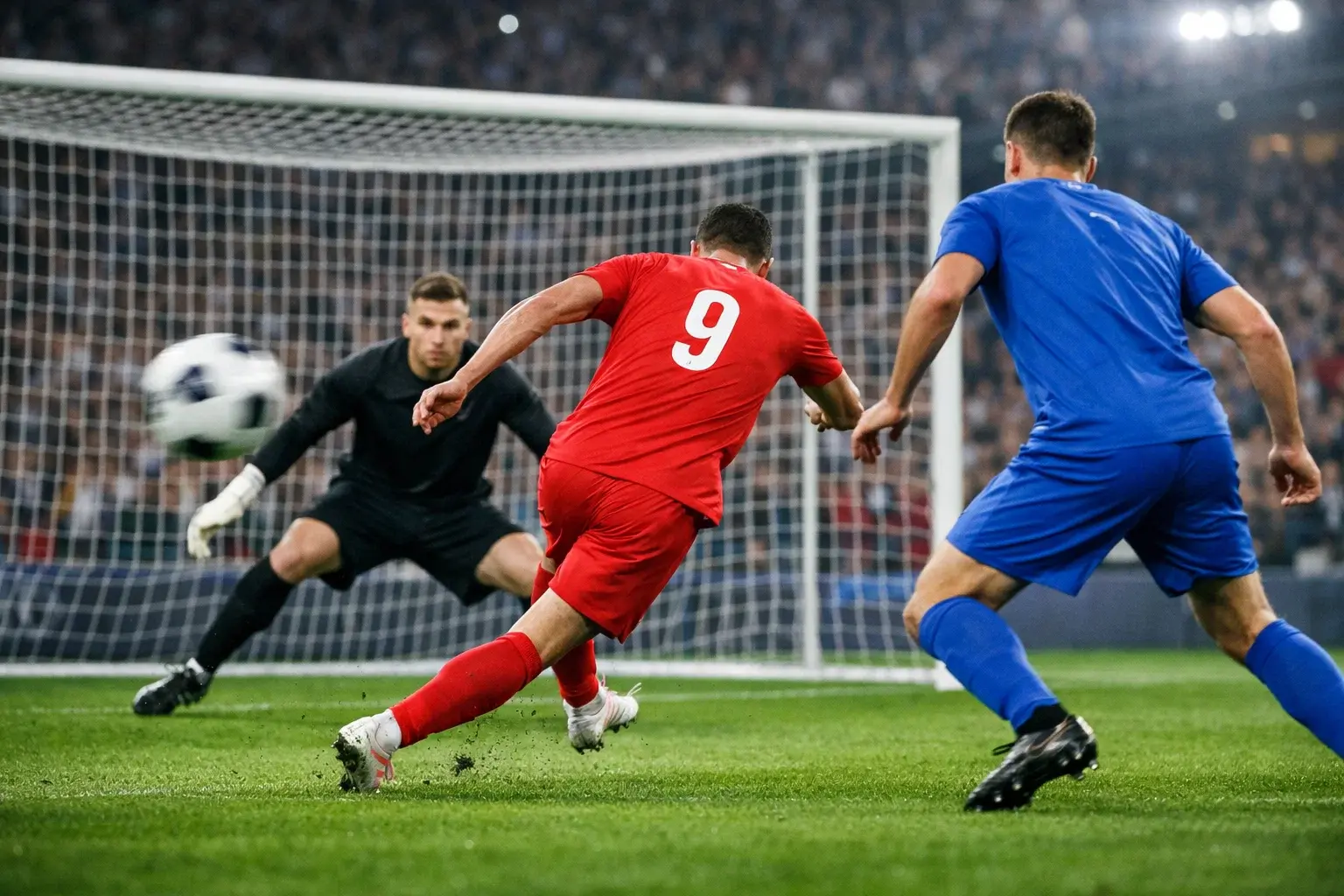 Action de match de football avec un attaquant face au but