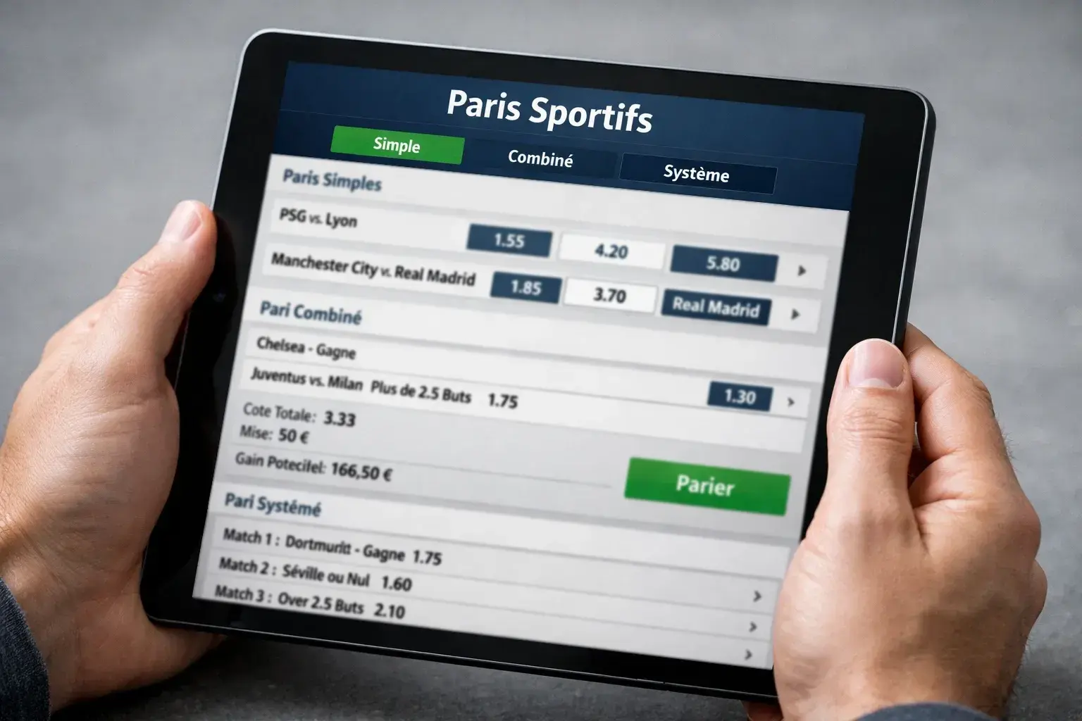 Interface de paris sportifs affichant différents types de paris disponibles