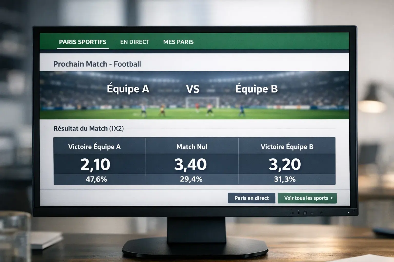 &Eacute;cran affichant des cotes de paris avec des pourcentages de probabilit&eacute;s