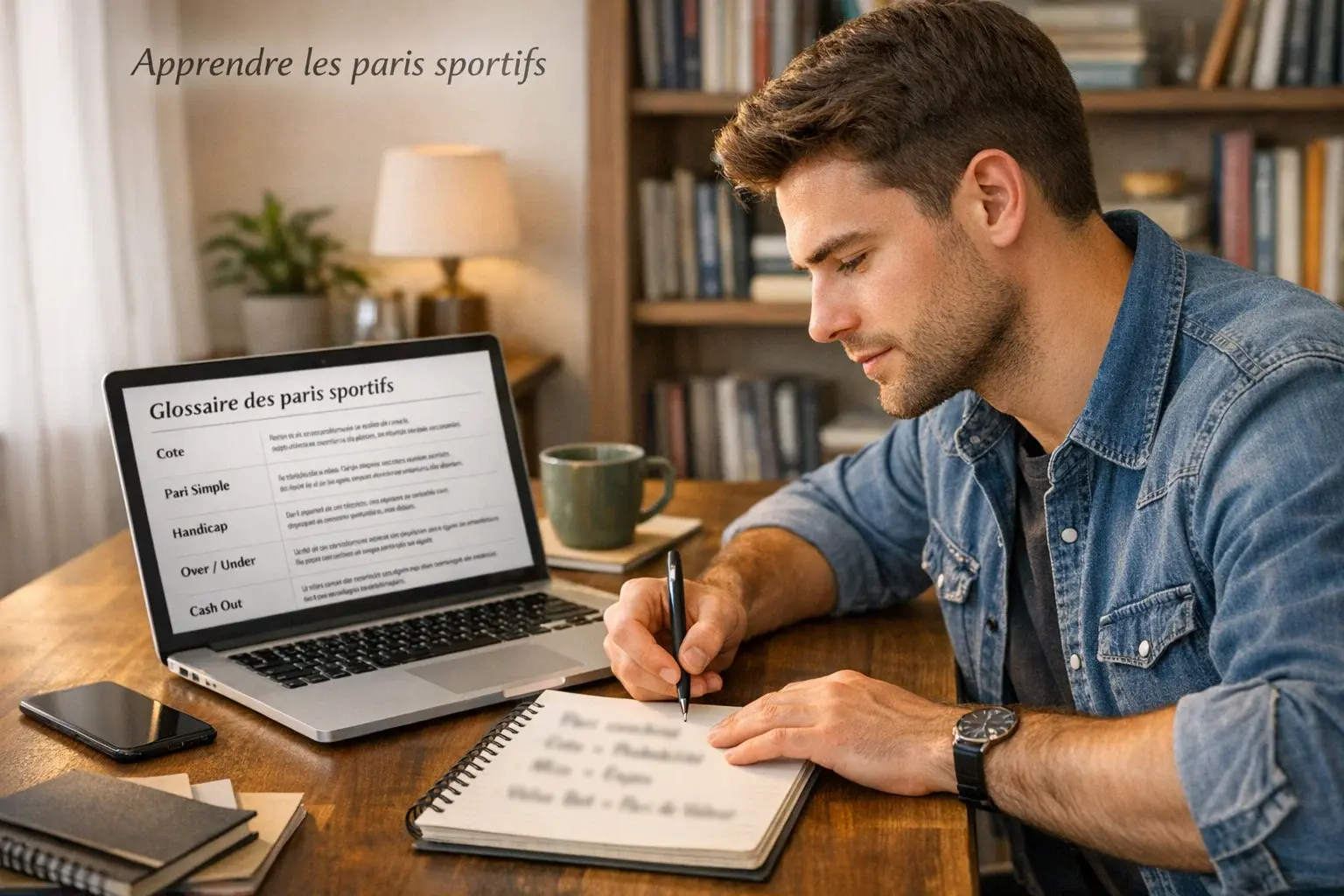Personne étudiant le vocabulaire des paris sportifs avec un livre et un ordinateur