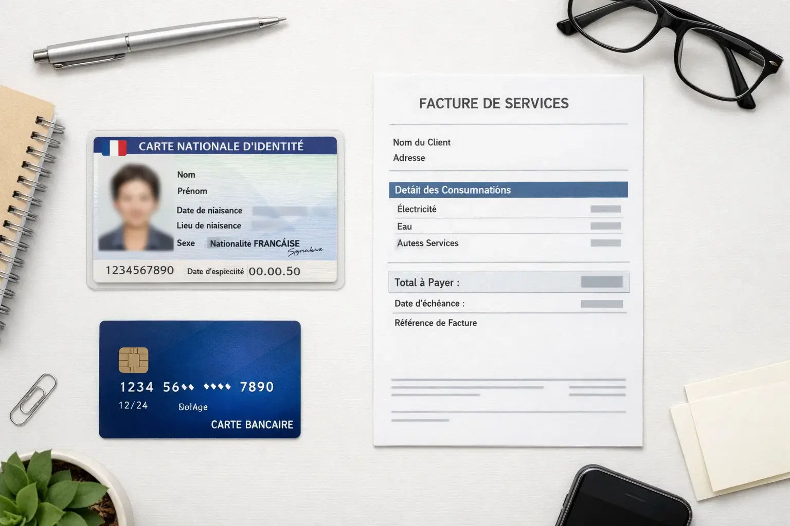 Documents d'identit&eacute; et justificatifs organis&eacute;s sur un bureau