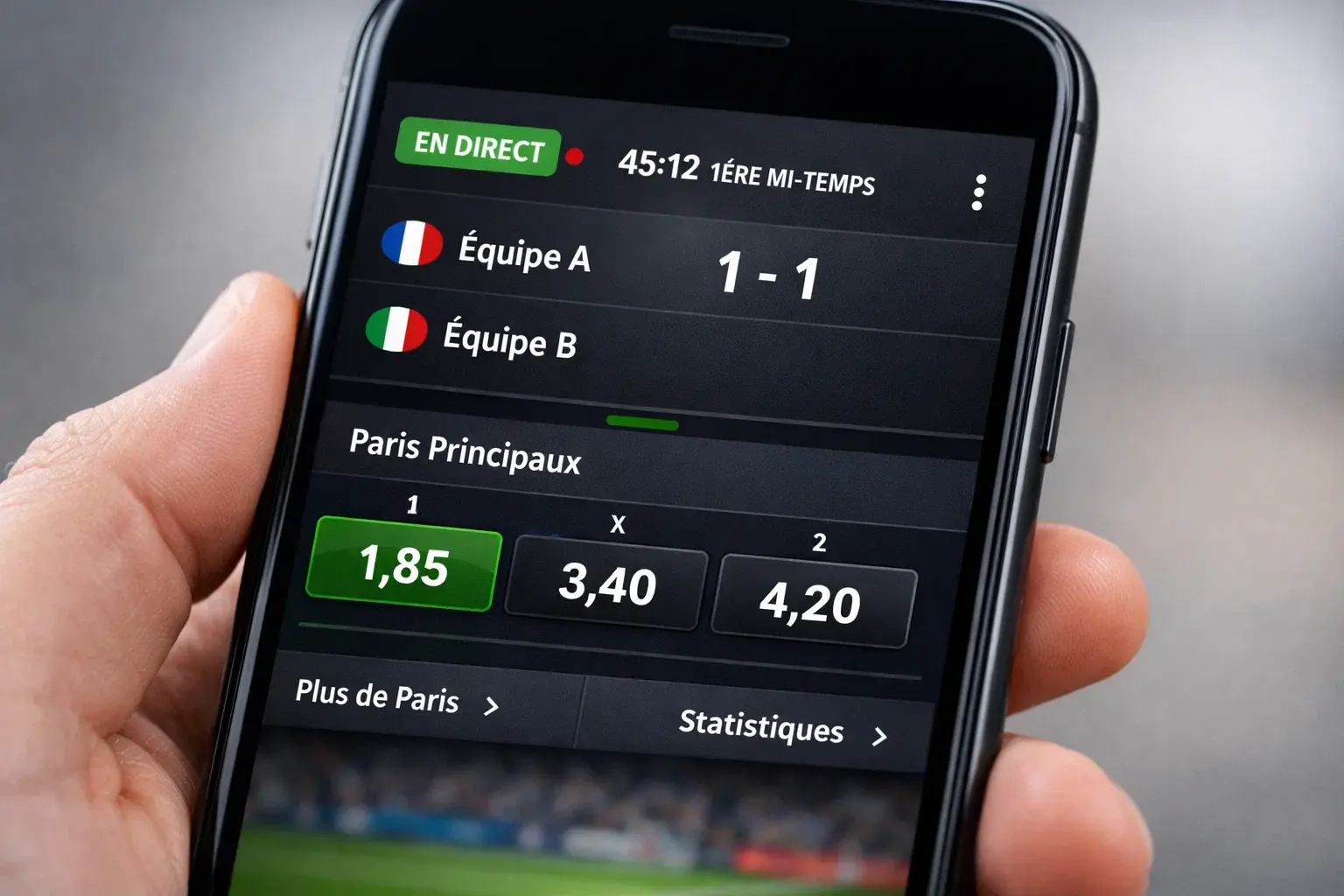 Interface moderne d'une application de paris sportifs affichant des cotes en direct