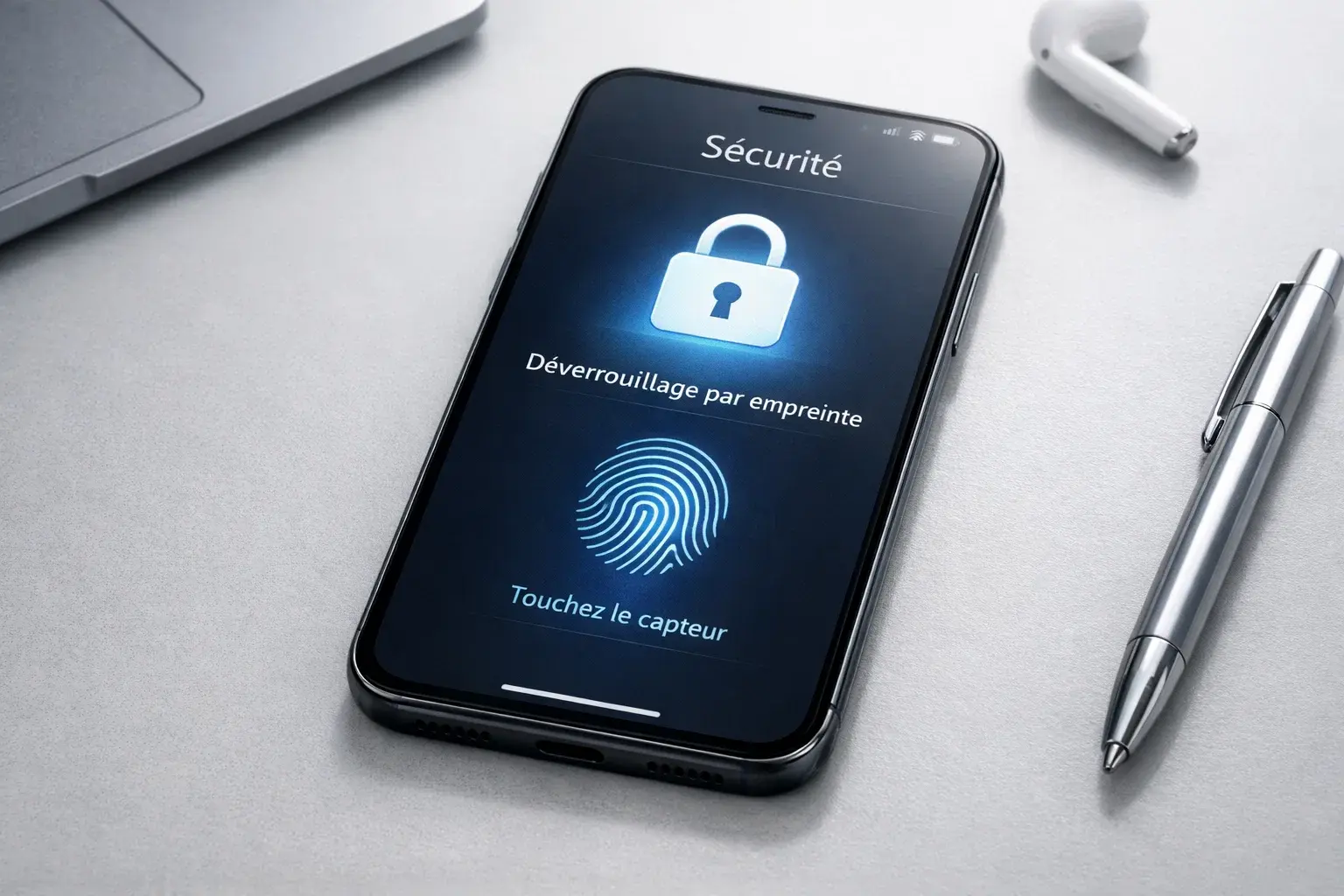 Smartphone affichant une authentification s&eacute;curis&eacute;e pour une application de paris
