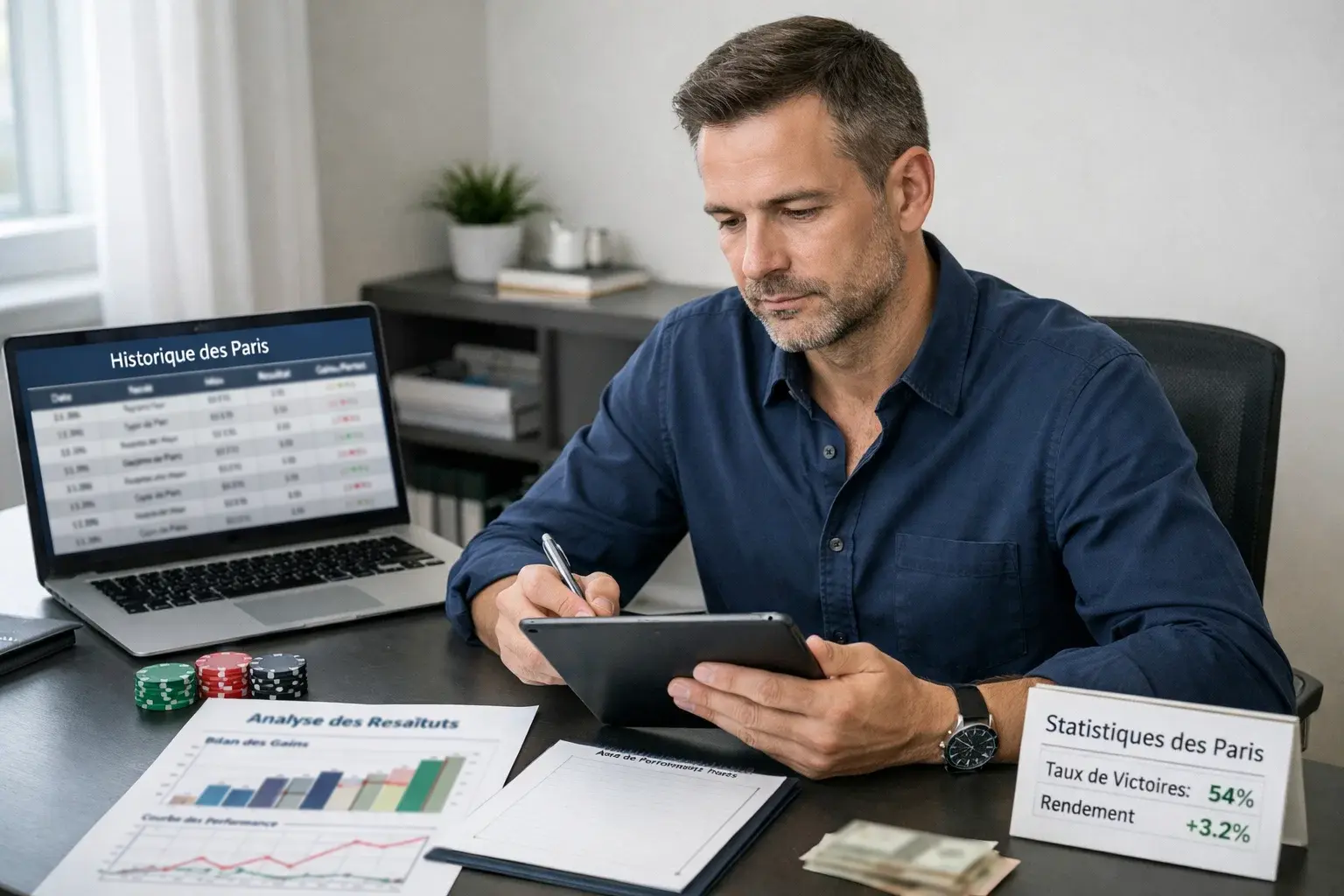 Parieur disciplin&eacute; analysant ses r&eacute;sultats et maintenant sa strat&eacute;gie