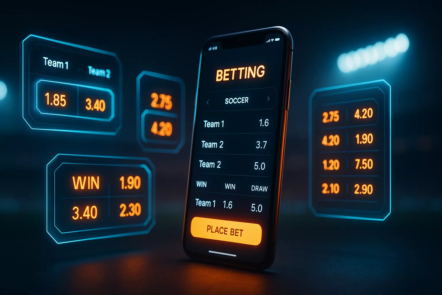 Interface moderne de paris sportifs avec affichage holographique des cotes