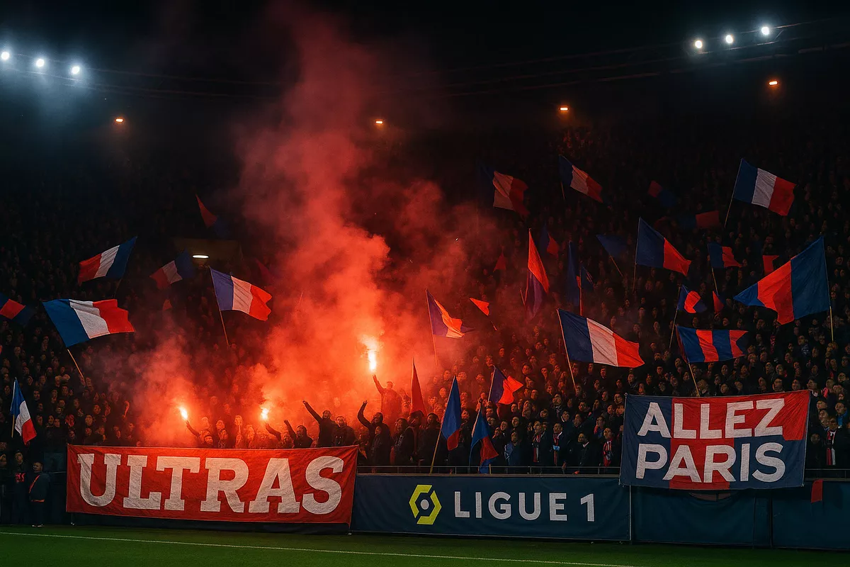 Supporters passionn&eacute;s de Ligue 1 cr&eacute;ant une atmosph&egrave;re intense au stade